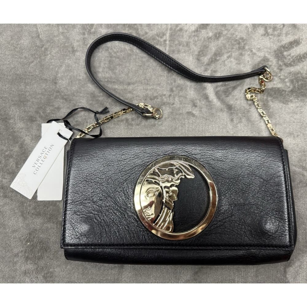 Versace Collection Vitello Stampa Alce Leather Shoulder Bag Black Gold Medusa